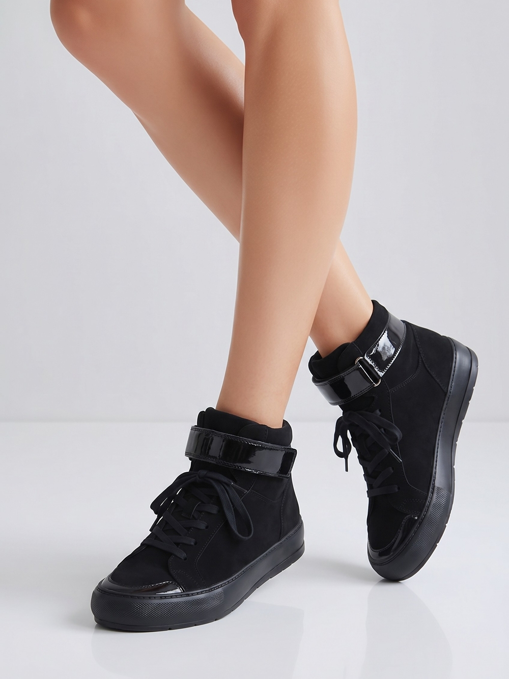 Women’s Black High-Top Lace-Up Sneakers with Glossy Ankle Strap